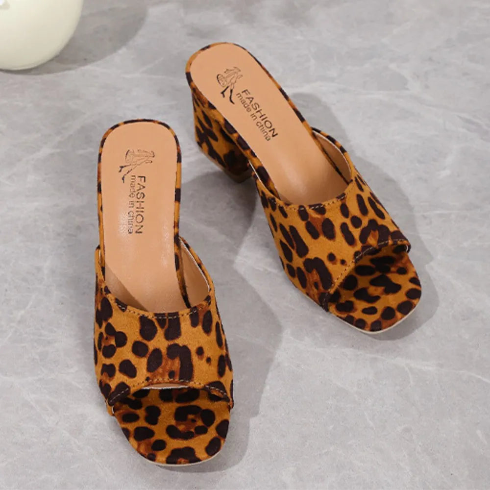 Leopard Block Heel Suede Sandals - Urban Legend Wear
