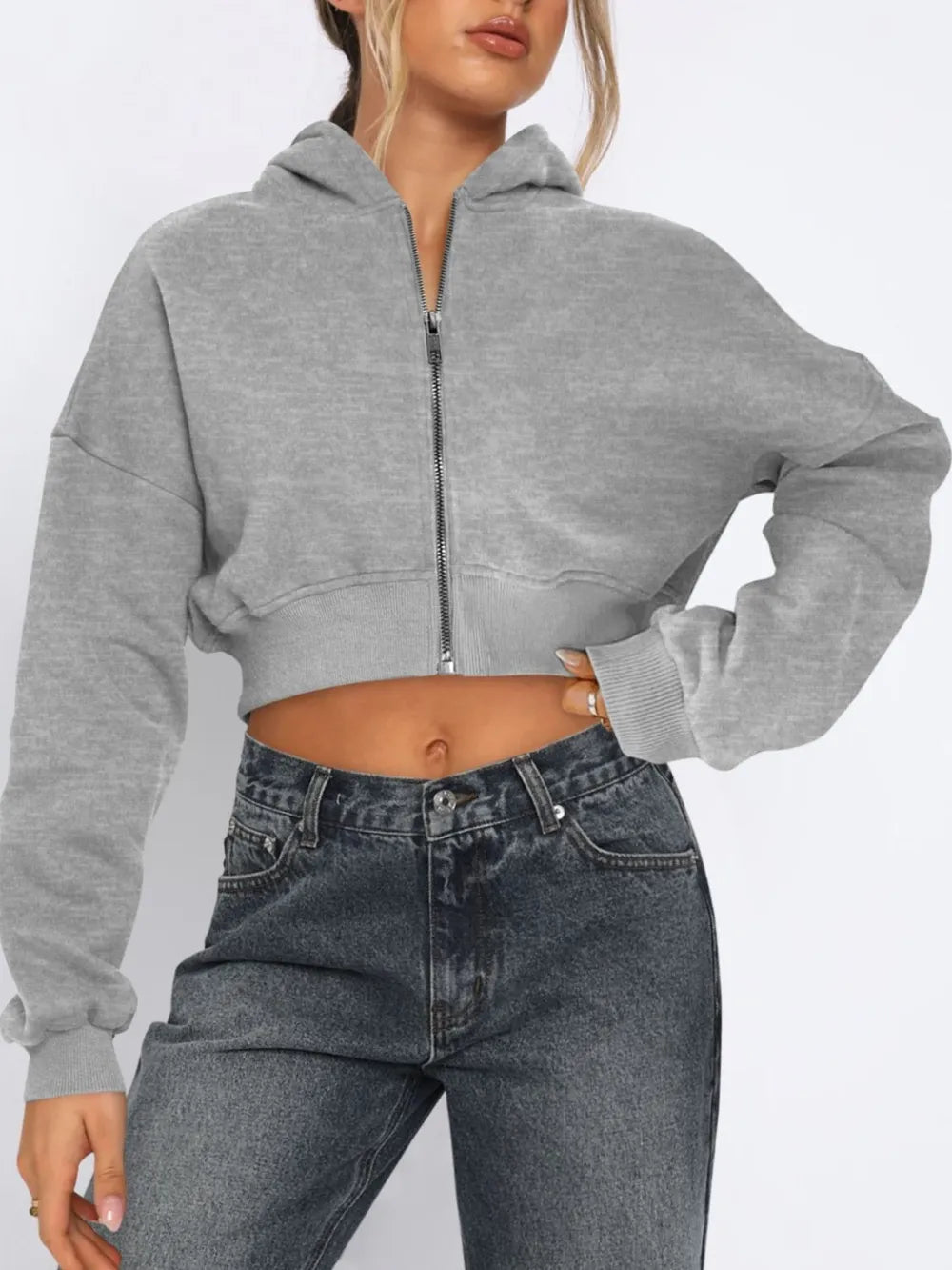 Zip Up Long Sleeve Hooded Cropped Jacket - Urban Legend Wear