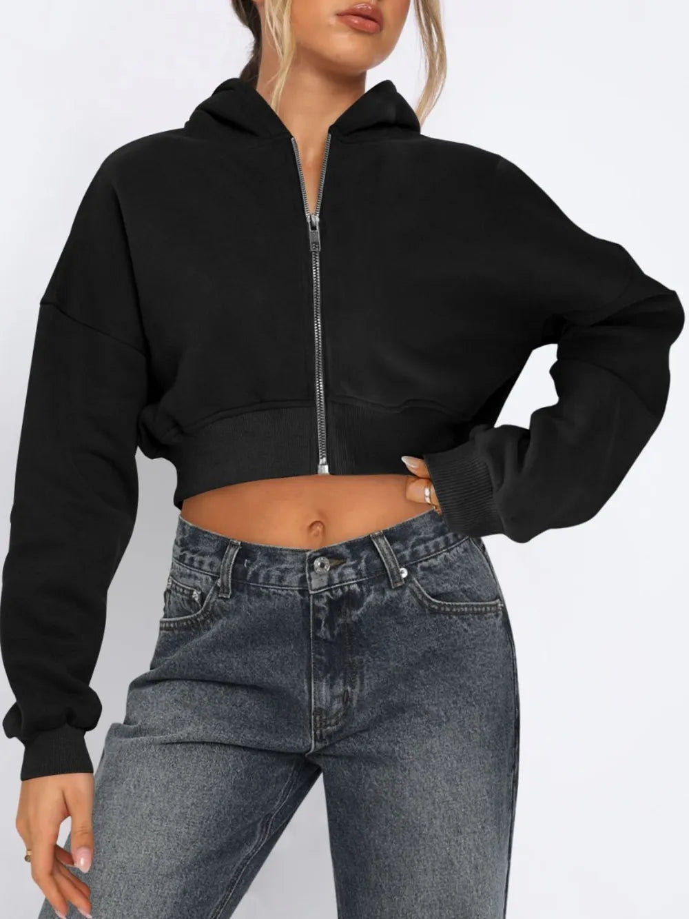 Zip Up Long Sleeve Hooded Cropped Jacket - Urban Legend Wear