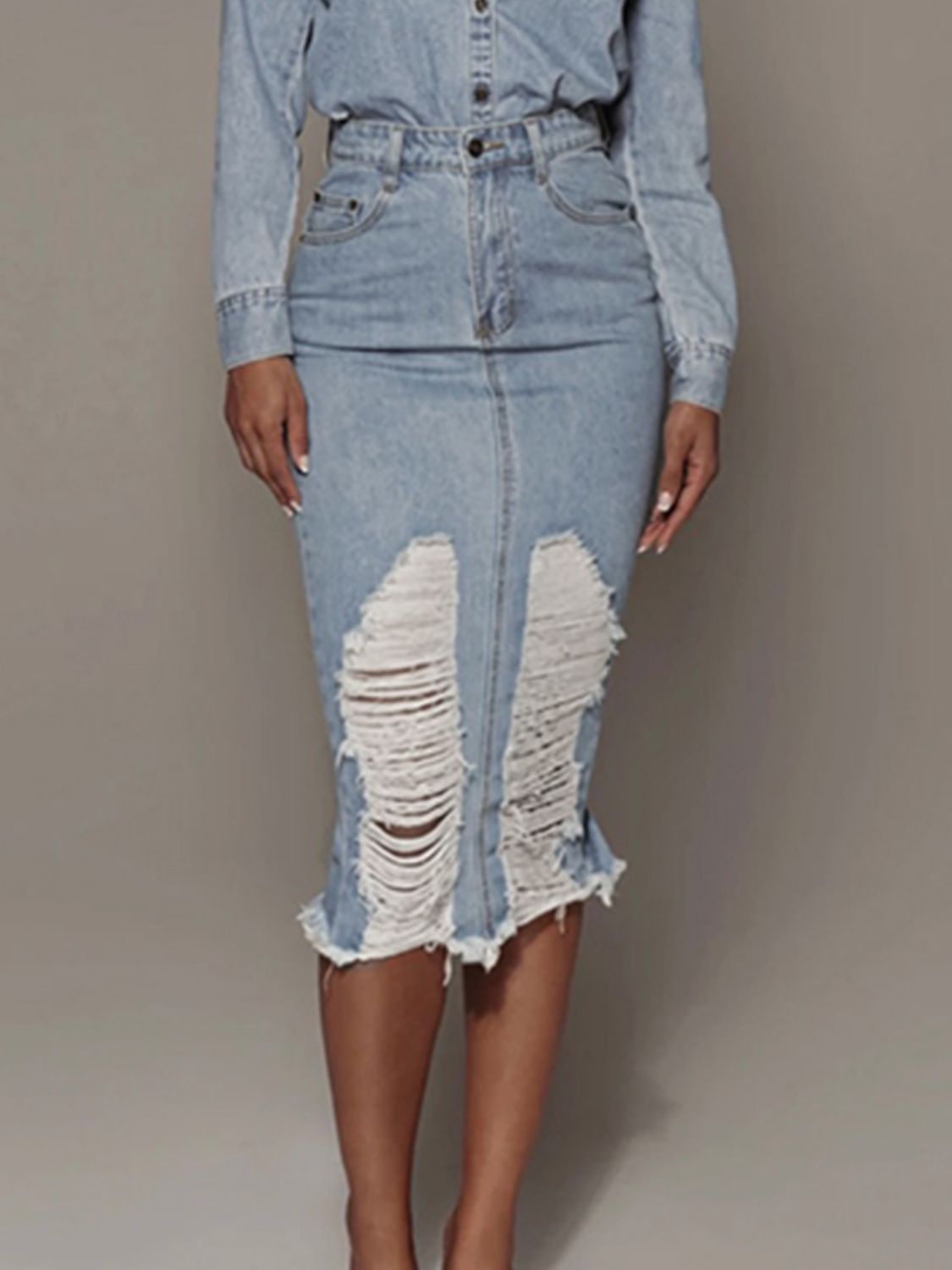 Distressed Slit Denim Skirt - Urban Legend Wear