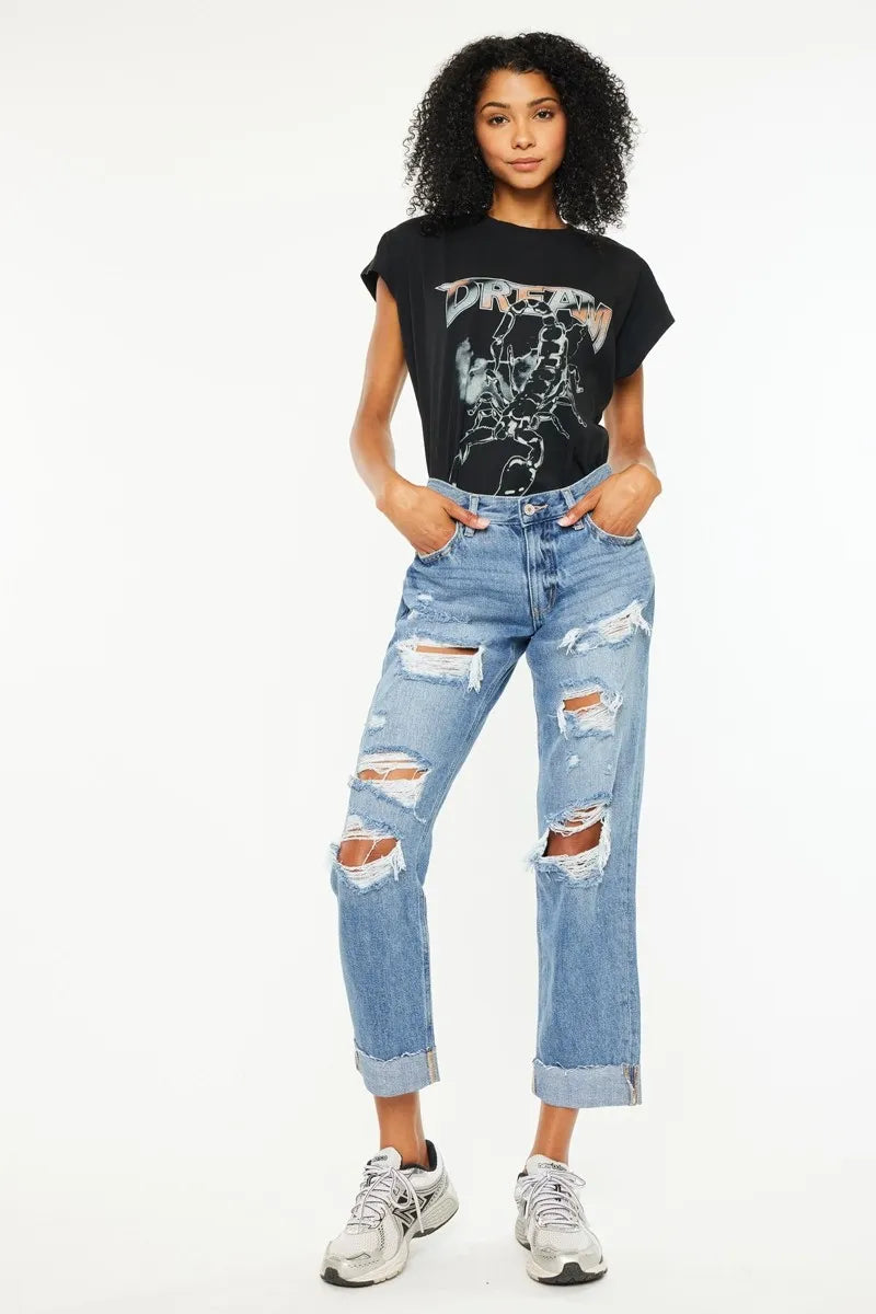 Kancan Mid Rise Distressed Boyfriend Fit Jeans - Urban Legend Wear