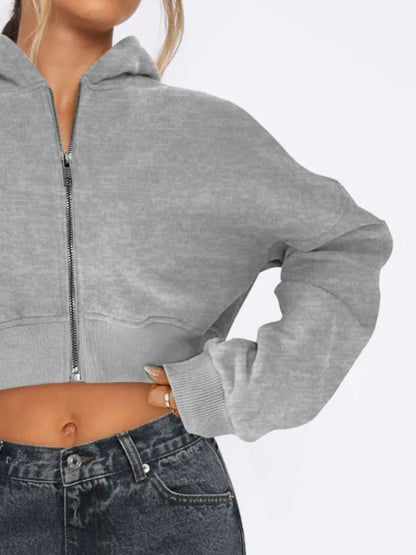 Zip Up Long Sleeve Hooded Cropped Jacket - Urban Legend Wear