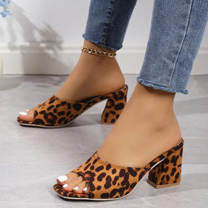 Leopard Block Heel Suede Sandals - Urban Legend Wear