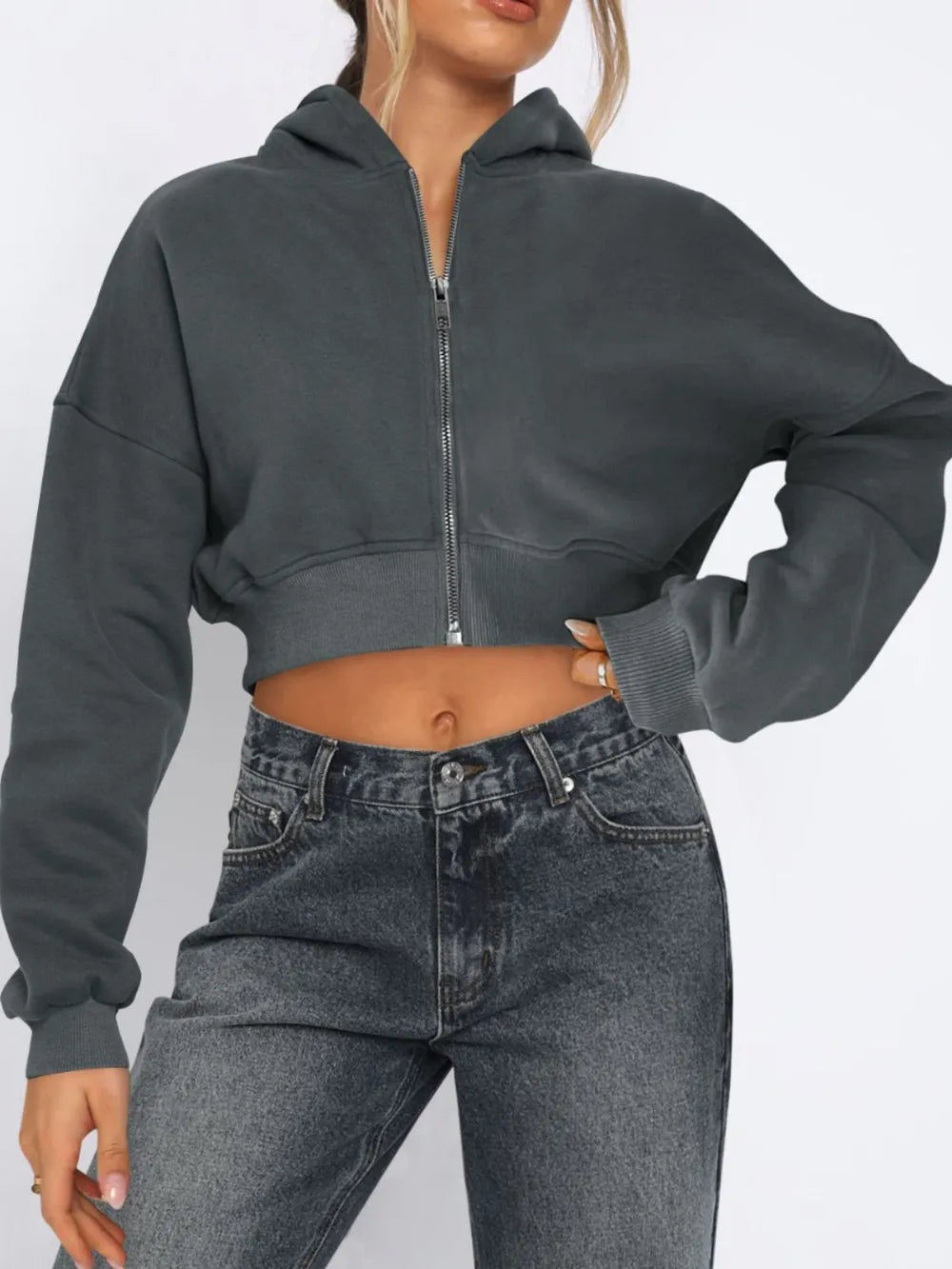 Zip Up Long Sleeve Hooded Cropped Jacket - Urban Legend Wear