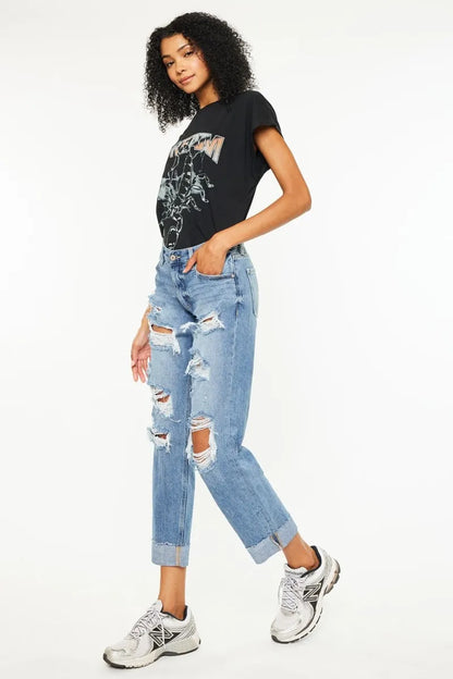 Kancan Mid Rise Distressed Boyfriend Fit Jeans - Urban Legend Wear