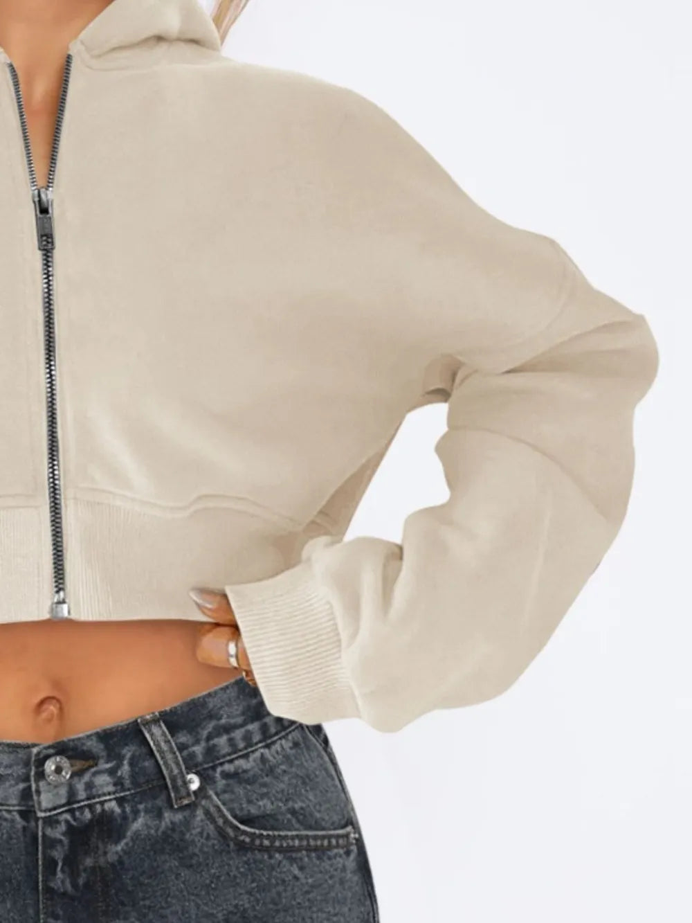 Zip Up Long Sleeve Hooded Cropped Jacket - Urban Legend Wear