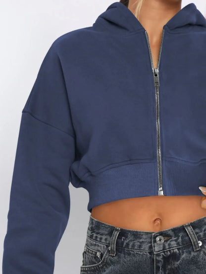 Zip Up Long Sleeve Hooded Cropped Jacket - Urban Legend Wear