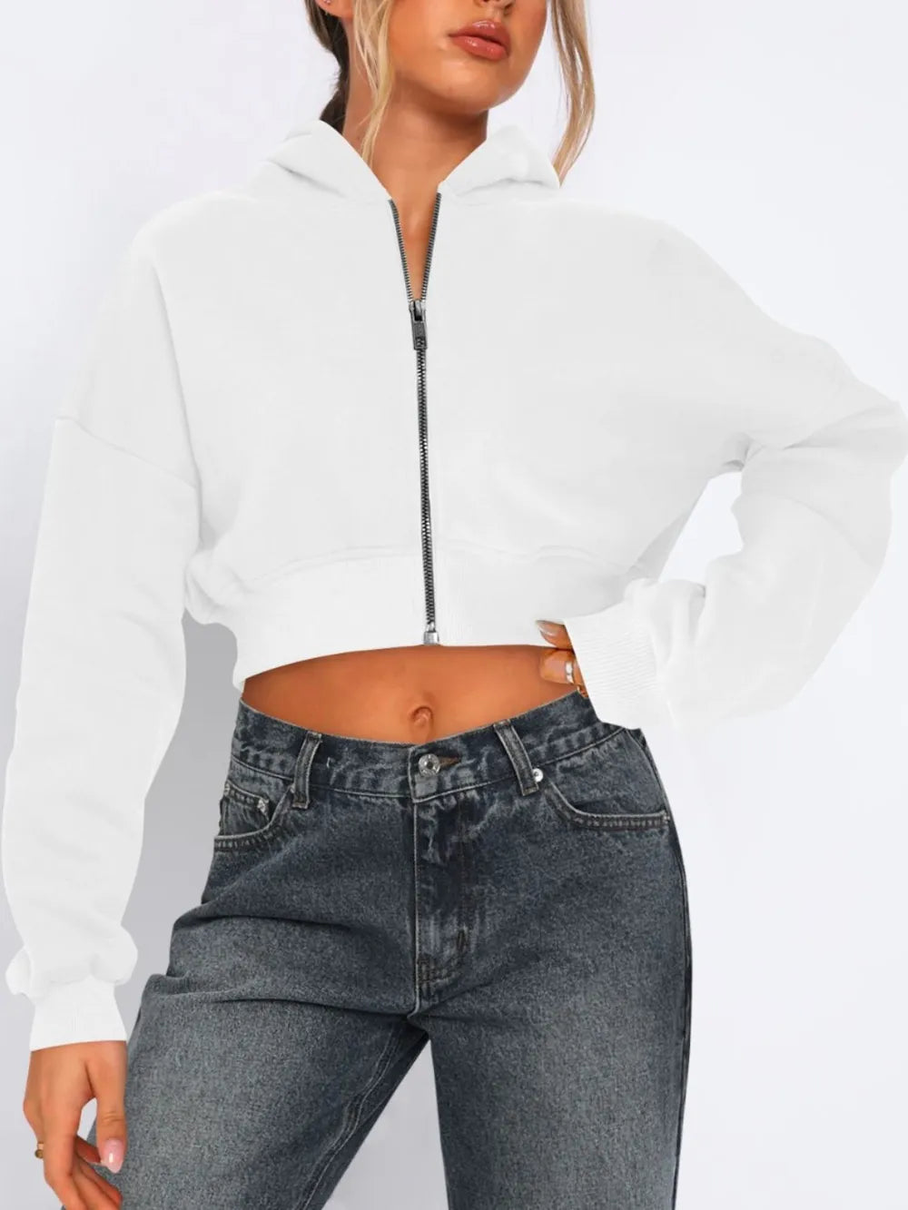 Zip Up Long Sleeve Hooded Cropped Jacket - Urban Legend Wear