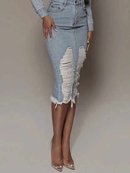 Distressed Slit Denim Skirt - Urban Legend Wear