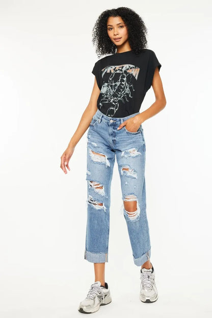 Kancan Mid Rise Distressed Boyfriend Fit Jeans - Urban Legend Wear