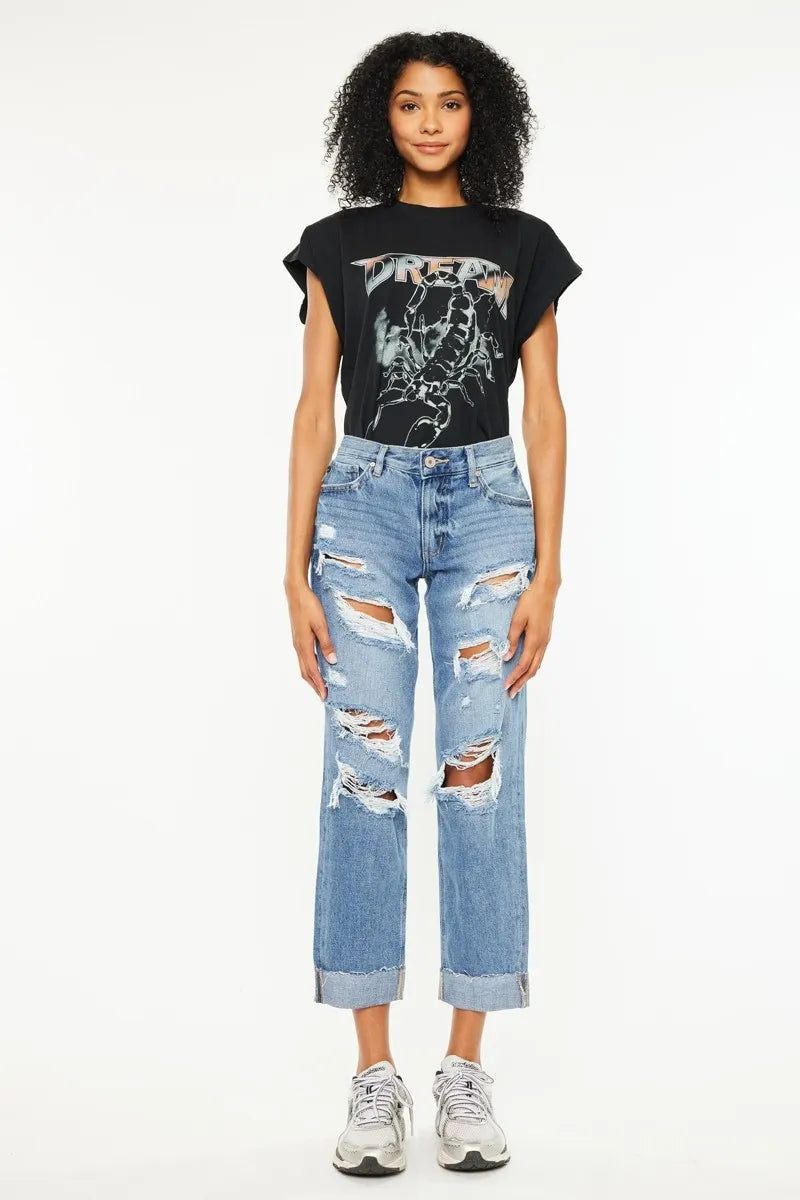Kancan Mid Rise Distressed Boyfriend Fit Jeans - Urban Legend Wear