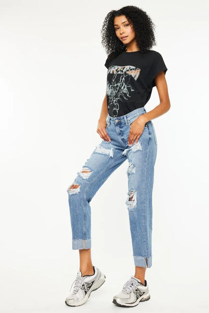 Kancan Mid Rise Distressed Boyfriend Fit Jeans - Urban Legend Wear