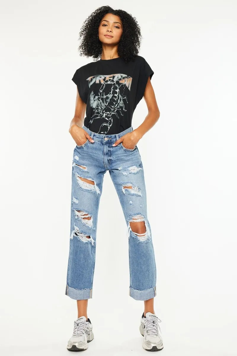 Kancan Mid Rise Distressed Boyfriend Fit Jeans - Urban Legend Wear