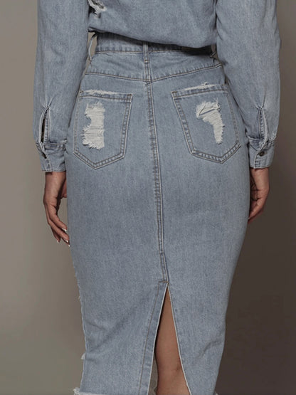 Distressed Slit Denim Skirt - Urban Legend Wear