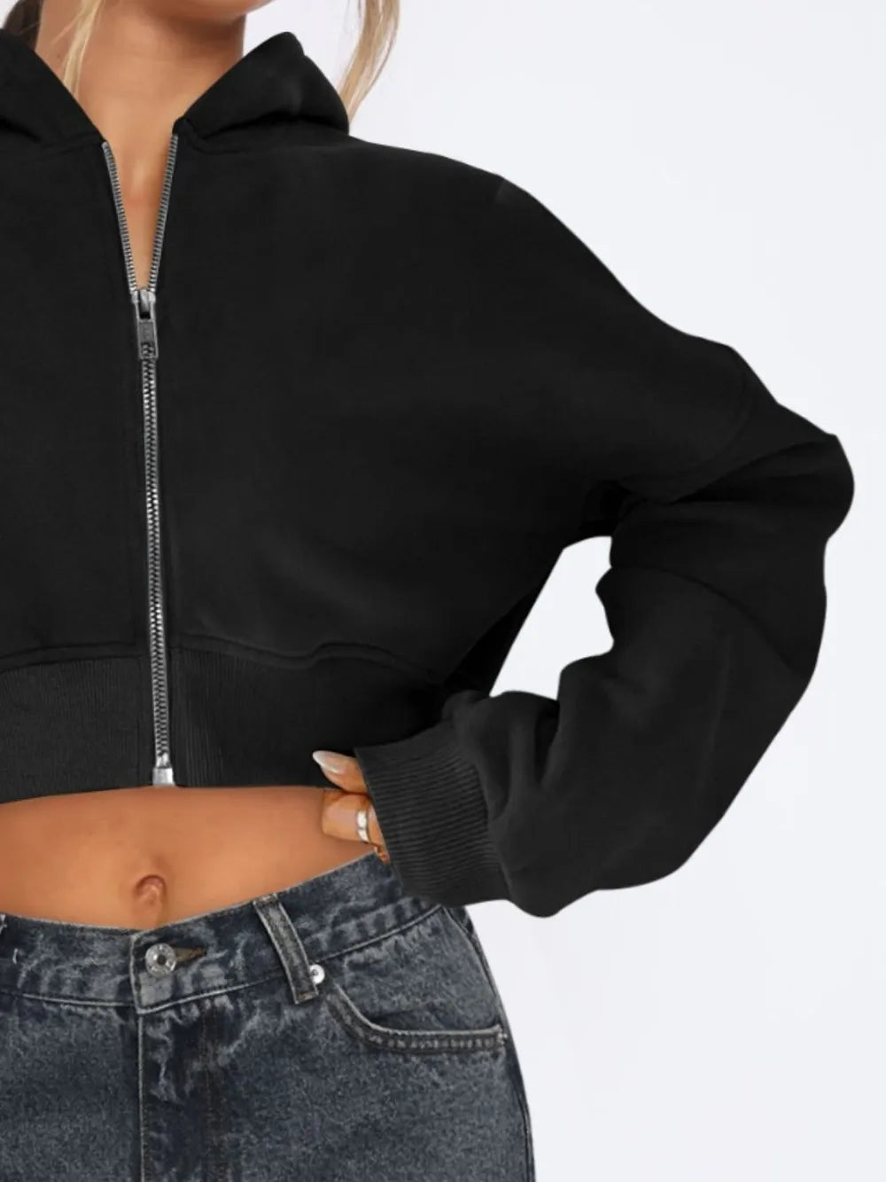Zip Up Long Sleeve Hooded Cropped Jacket - Urban Legend Wear