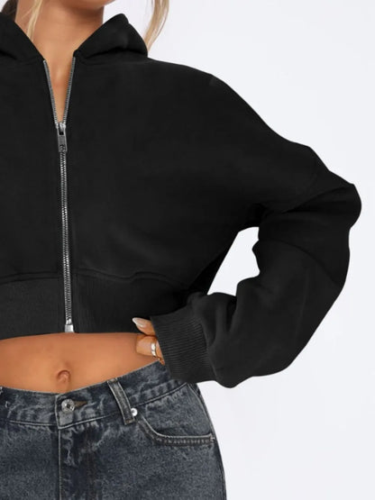 Zip Up Long Sleeve Hooded Cropped Jacket - Urban Legend Wear