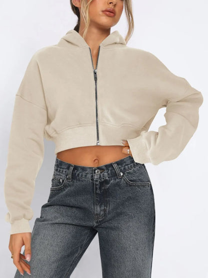 Zip Up Long Sleeve Hooded Cropped Jacket - Urban Legend Wear