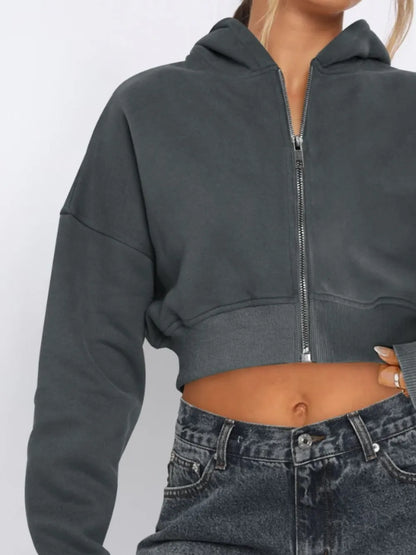 Zip Up Long Sleeve Hooded Cropped Jacket - Urban Legend Wear