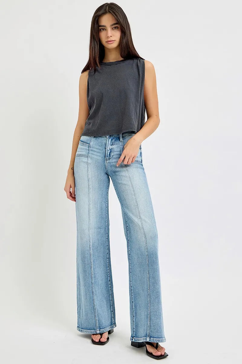 RISEN Full Size Mid Rise Wide Jeans with Front Patch Pocket Plus Size - Urban Legend Wear