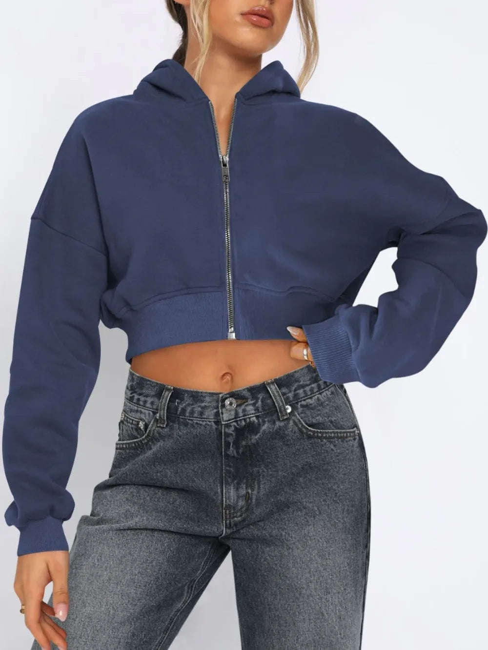 Zip Up Long Sleeve Hooded Cropped Jacket - Urban Legend Wear